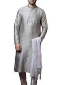Grey embroidered art dupion silk kurta-pajama