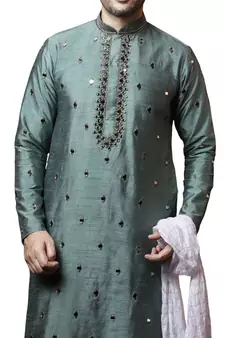 Green embroidered art dupion silk kurta-pajama