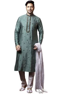 Green embroidered art dupion silk kurta-pajama 1