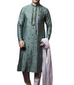 Green embroidered art dupion silk kurta-pajama
