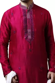 Red embroidered art dupion silk kurta-pajama