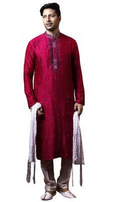 Red embroidered art dupion silk kurta-pajama 1