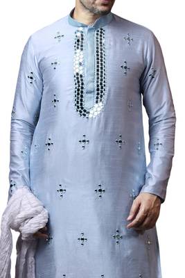 Blue embroidered art dupion silk kurta-pajama 2