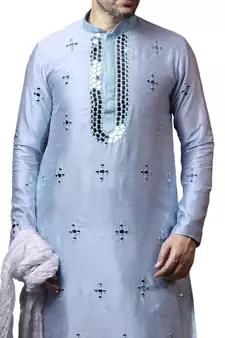 Blue embroidered art dupion silk kurta-pajama
