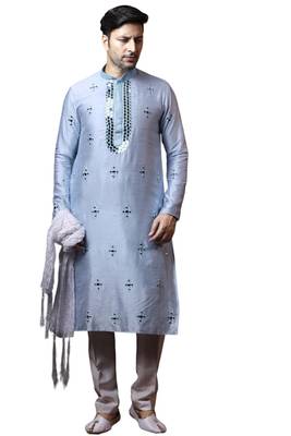 Blue embroidered art dupion silk kurta-pajama 1