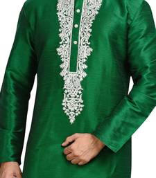 Green embroidered art dupion silk kurta-pajama