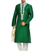 Green embroidered art dupion silk kurta-pajama