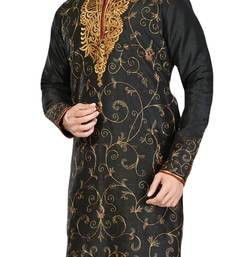 Black embroidered art dupion silk kurta-pajama