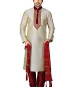 Fawn embroidered art dupion silk kurta-pajama
