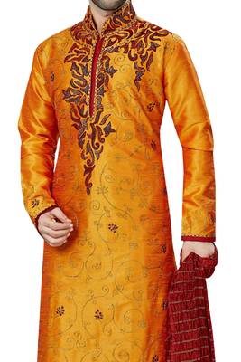 Orange embroidered art dupion silk kurta-pajama 2