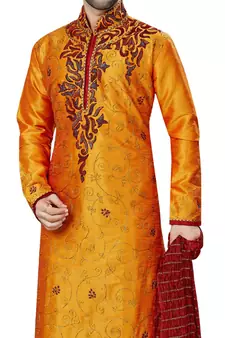 Orange embroidered art dupion silk kurta-pajama