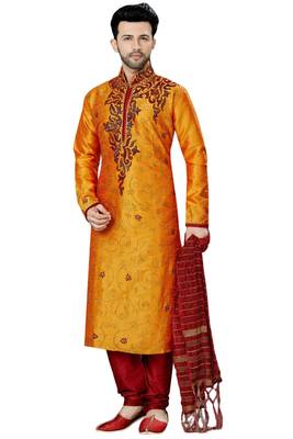 Orange embroidered art dupion silk kurta-pajama 1