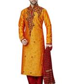 Orange embroidered art dupion silk kurta-pajama