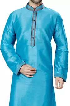 Turquoise plain art dupion silk kurta-pajama