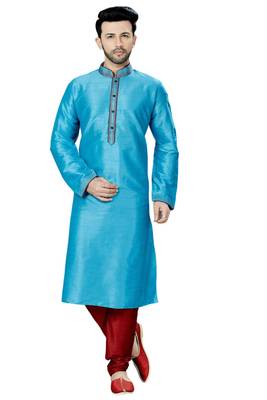 Turquoise plain art dupion silk kurta-pajama 1