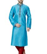 Turquoise plain art dupion silk kurta-pajama