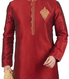 Red embroidered art dupion silk kurta-pajama