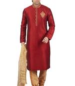 Red embroidered art dupion silk kurta-pajama