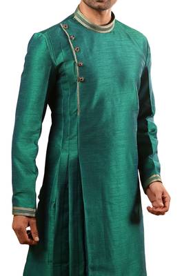 Green plain art dupion silk kurta-pajama 2