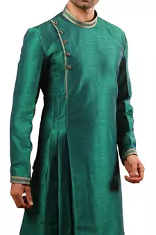 Green plain art dupion silk kurta-pajama