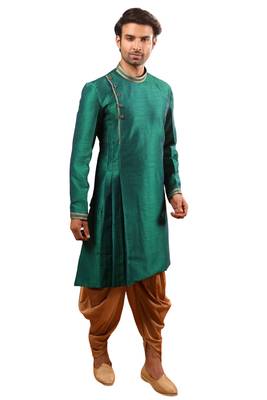 Green plain art dupion silk kurta-pajama 1