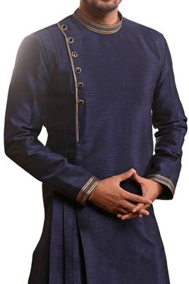 Blue plain art dupion silk kurta-pajama 2