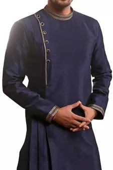 Blue plain art dupion silk kurta-pajama