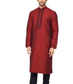 Red embroidered art dupion silk kurta-pajama