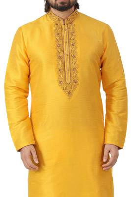 Yellow embroidered art dupion silk kurta-pajama 2