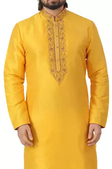 Yellow embroidered art dupion silk kurta-pajama