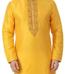 Yellow embroidered art dupion silk kurta-pajama