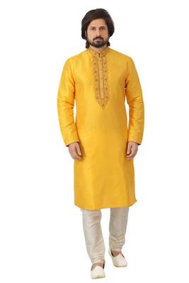 Yellow embroidered art dupion silk kurta-pajama 1