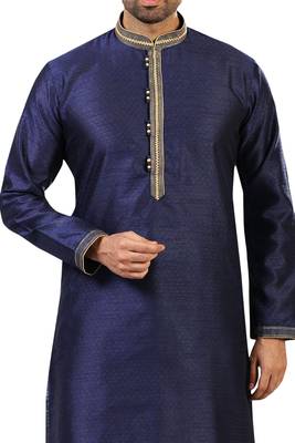 Blue plain art dupion silk kurta-pajama 2