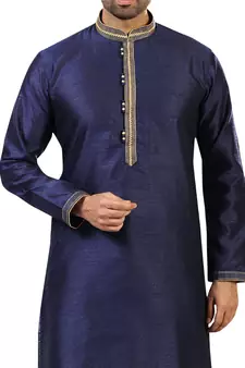 Blue plain art dupion silk kurta-pajama