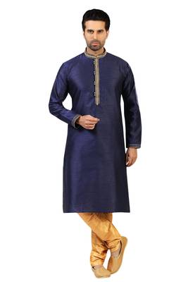 Blue plain art dupion silk kurta-pajama 1