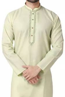 Green embroidered cotton kurta-pajama