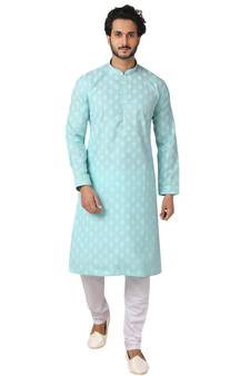 Turquoise printed art dupion silk kurta-pajama