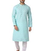 Turquoise printed art dupion silk kurta-pajama