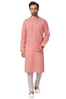 Pink printed art dupion silk kurta-pajama