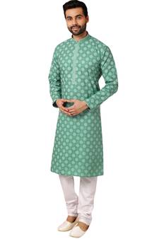 Green printed art dupion silk kurta-pajama