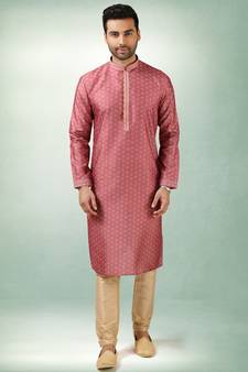 Red printed art dupion silk kurta-pajama
