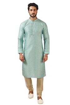 Green printed art dupion silk kurta-pajama