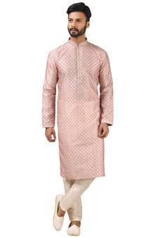 Beige printed art dupion silk kurta-pajama