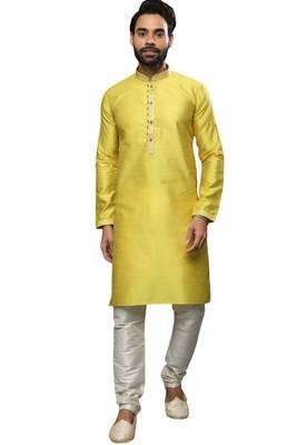 Yellow plain art dupion silk kurta-pajama 1