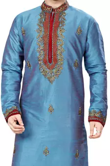 Blue embroidered art dupion silk kurta-pajama