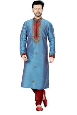 Blue embroidered art dupion silk kurta-pajama 1