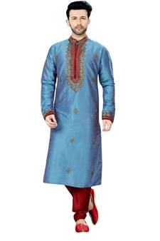 Blue embroidered art dupion silk kurta-pajama