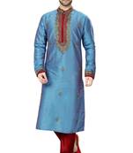 Blue embroidered art dupion silk kurta-pajama