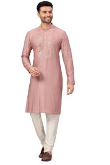 Pink embroidered art dupion silk kurta-pajama