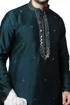 Green embroidered art dupion silk kurta-pajama